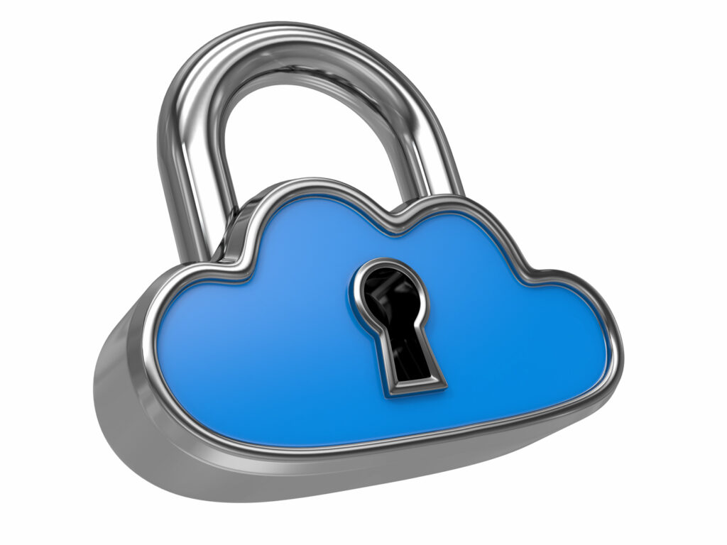 Cloud computing as padlock. Security concept. 3d